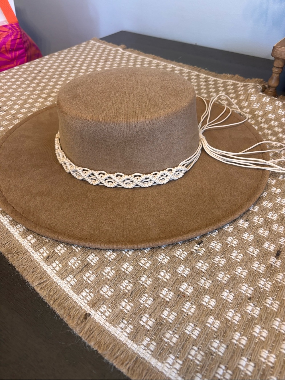 Women's Wide Brim Suede Hat with Braided Accent - Brown